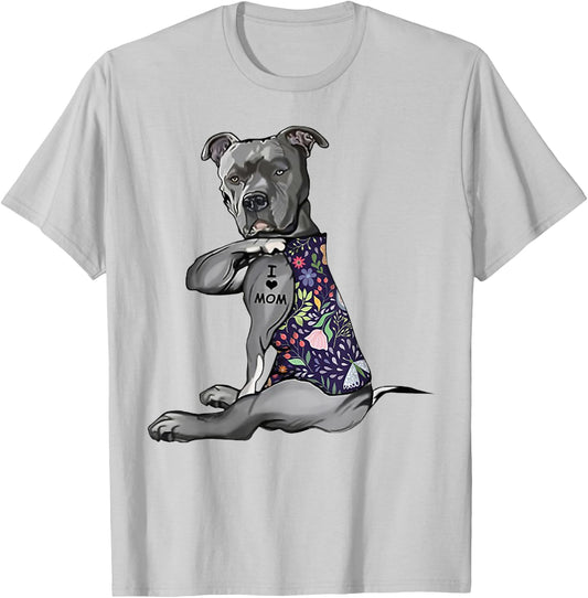 Pitbull I Love Mom Funny Pitbull Tattooed T-Shirt - T-Shirt | Ash