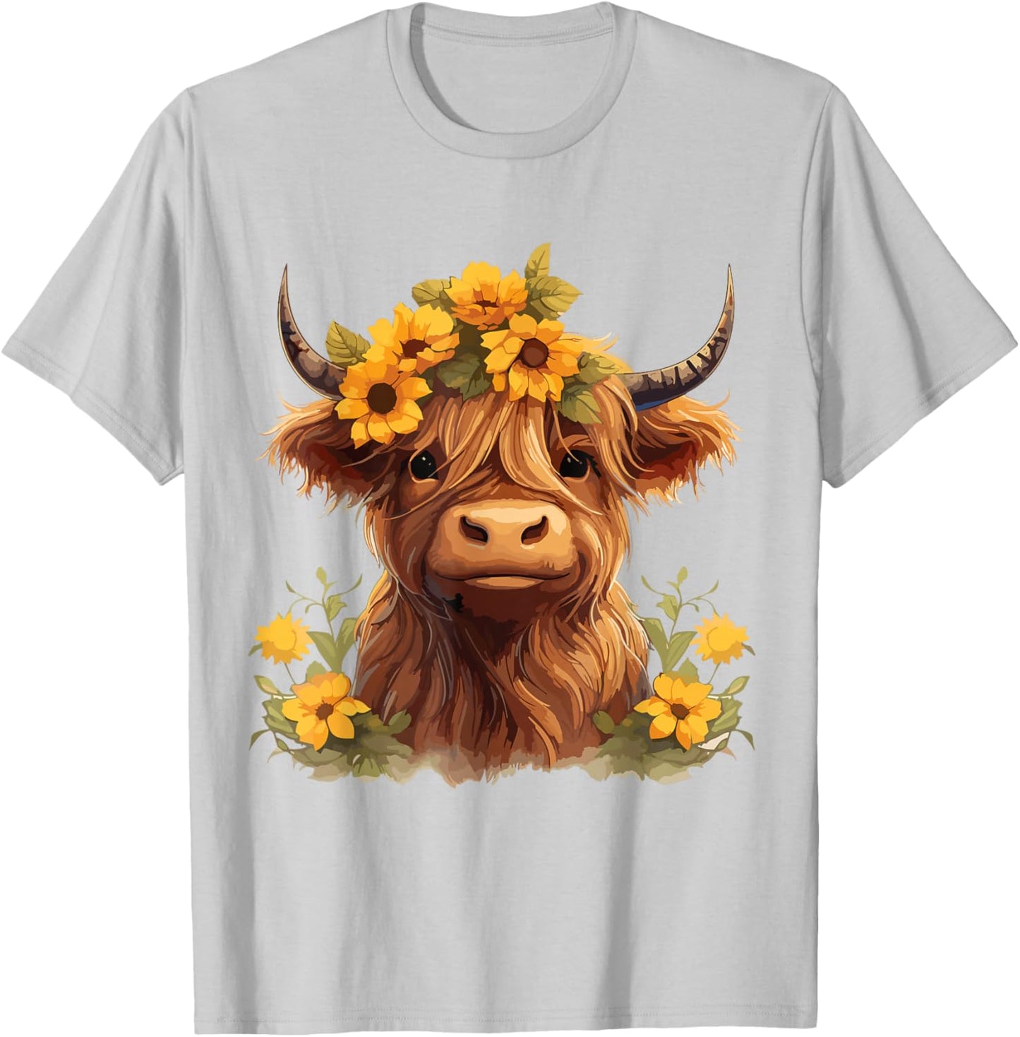 Scottish Highland Cow Sunflowers Heifer Country Farmer Girl T-Shirt - T-Shirt | Ash