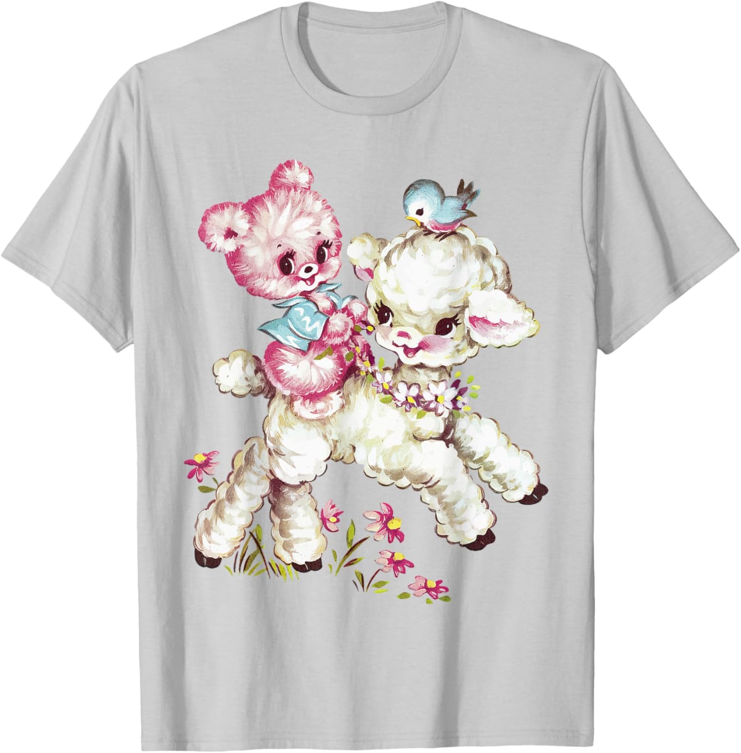 Vintage Easter Cute Lamb Bear Spring Flowers Retro Vintage T-Shirt - T-Shirt | Ash