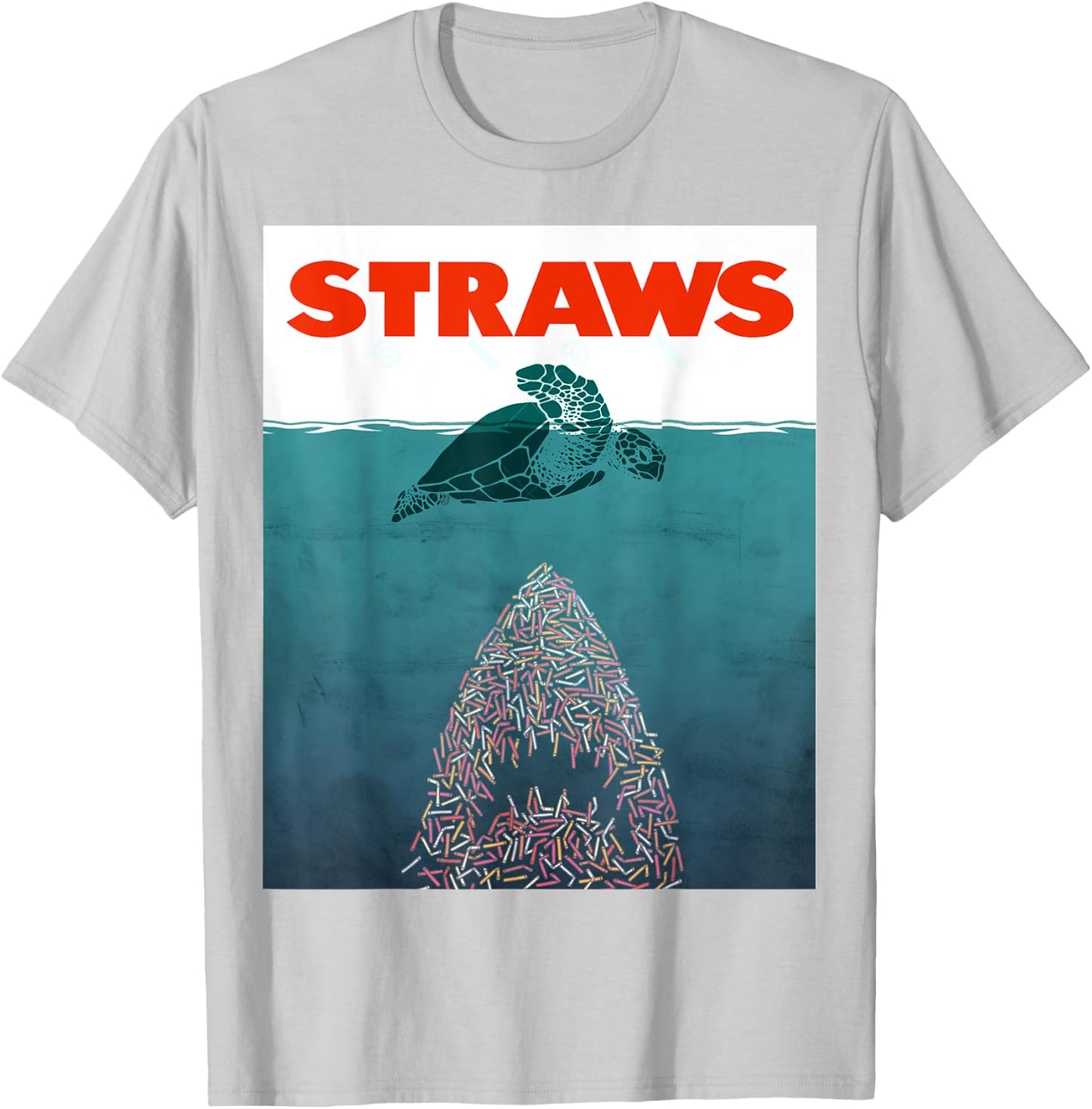 Save the Turtles! - No Straws shark design T-Shirt - T-Shirt | Ash