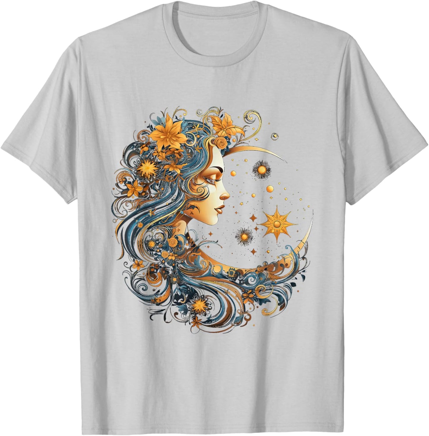 Mystical Sun and Moon with Woman Mystical Flowers Aesthetic T-Shirt - T-Shirt | Ash