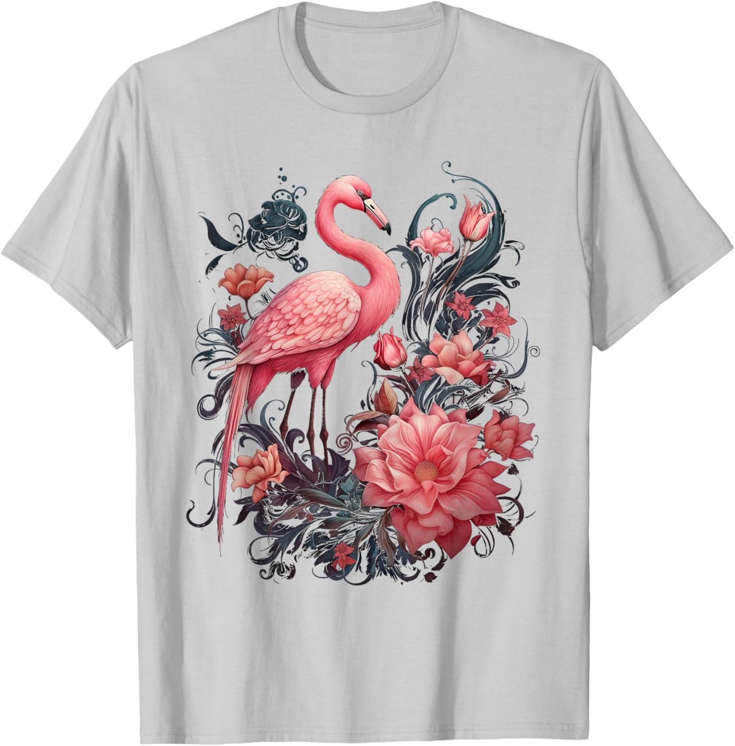 Flamingo and Flowers Floral Flamingos pink T-Shirt - T-Shirt | Ash