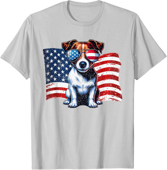 Vintage Jack Russell Terrier US Flag Sunglasses Patriotic T-Shirt - T-Shirt | Ash