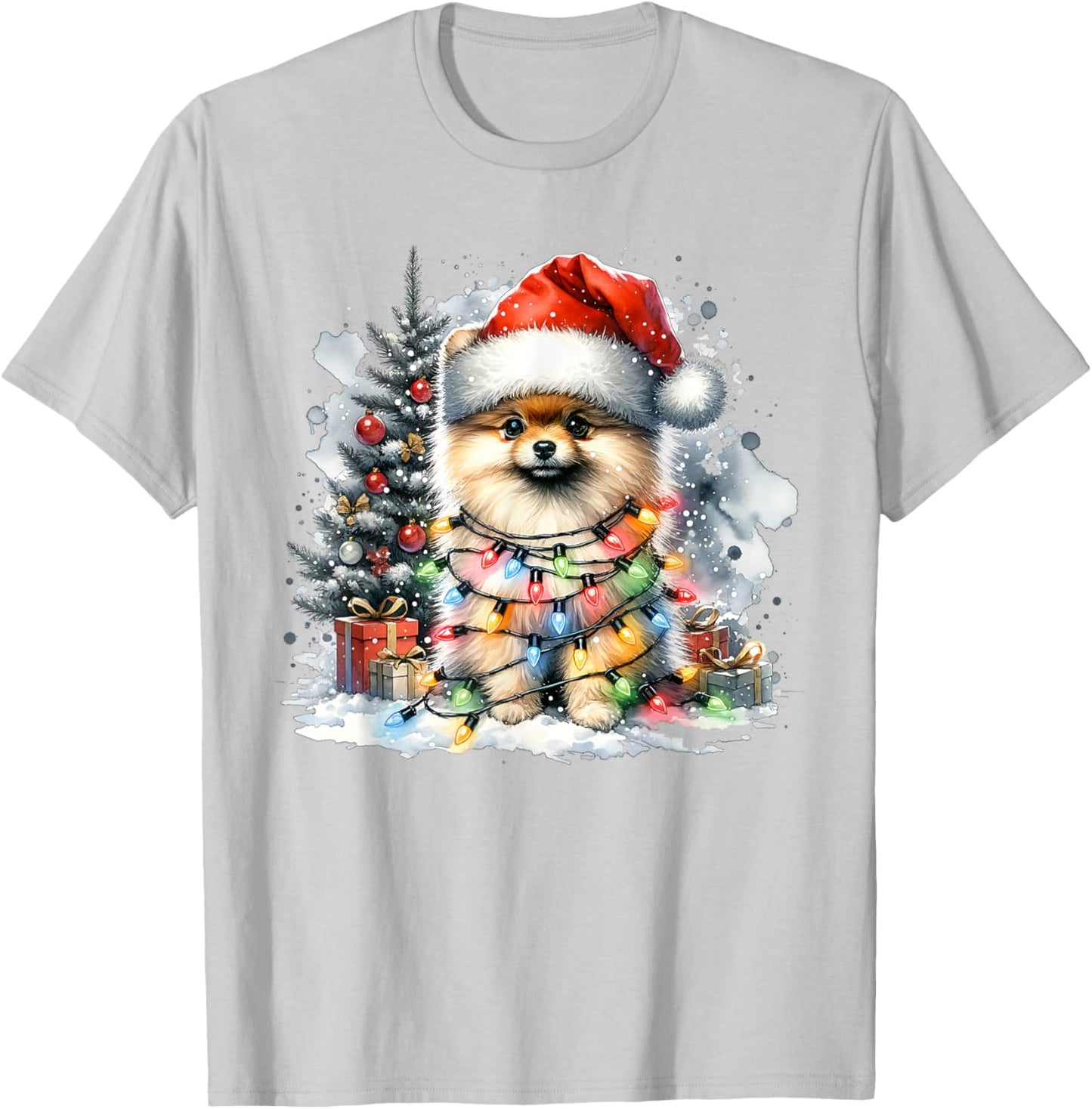 Funny Cute Santa Pomeranian Dog Tangled In Christmas Lights T-Shirt - T-Shirt | Ash