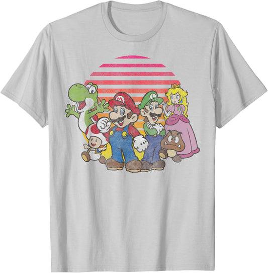 Super Mario Bros Vintage Nintendo Retro Sunset Group Shot T-Shirt - T-Shirt | Ash