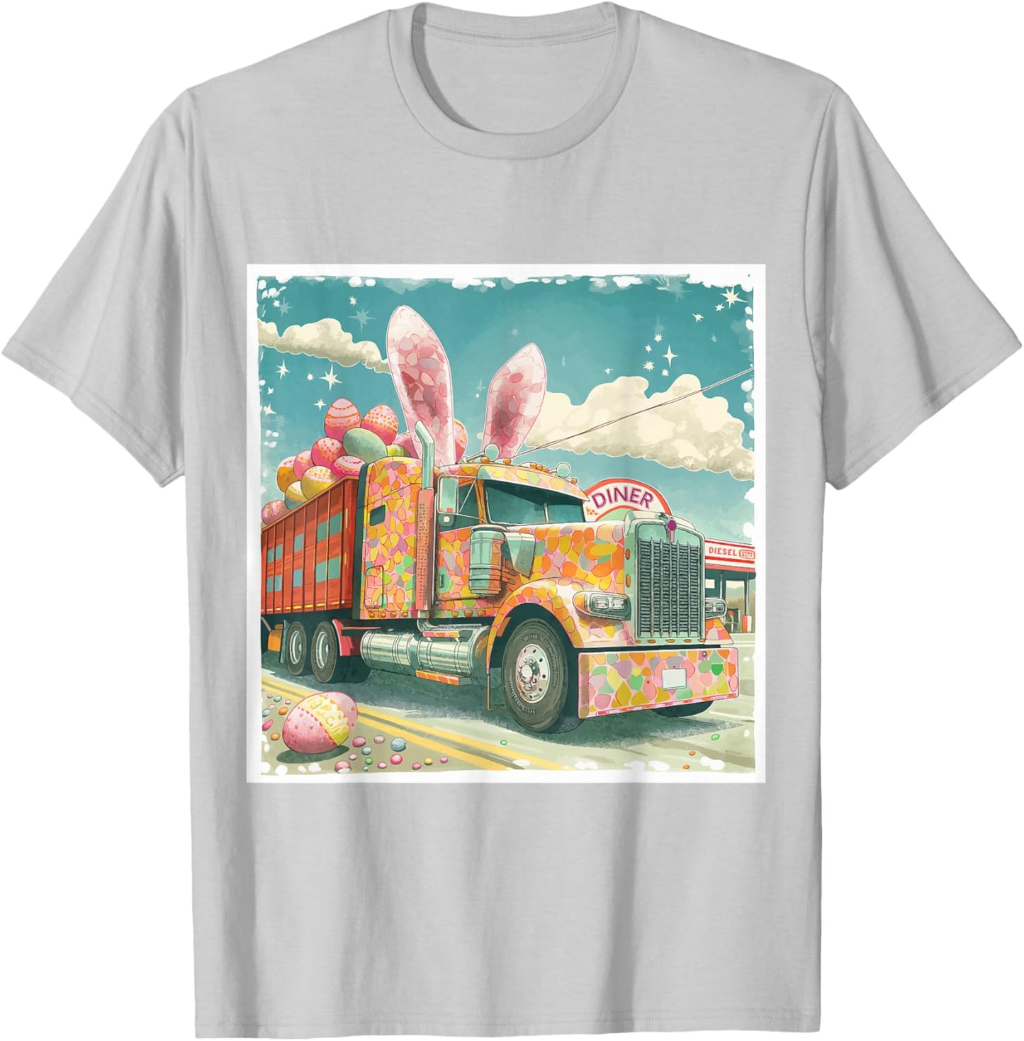 Semi Truck Lover's Easter Bunny, Retro Art T-Shirt - T-Shirt | Ash