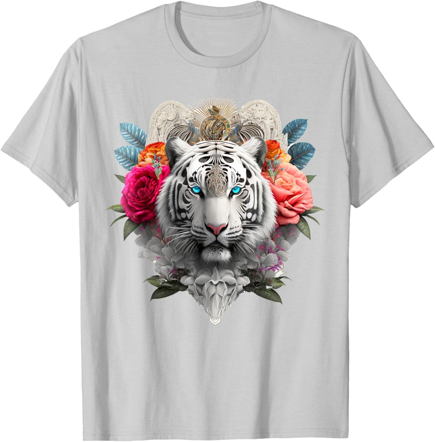 Tiger Flowers Blue Eyes Animal Print Art Tiger T-Shirt - T-Shirt | Ash