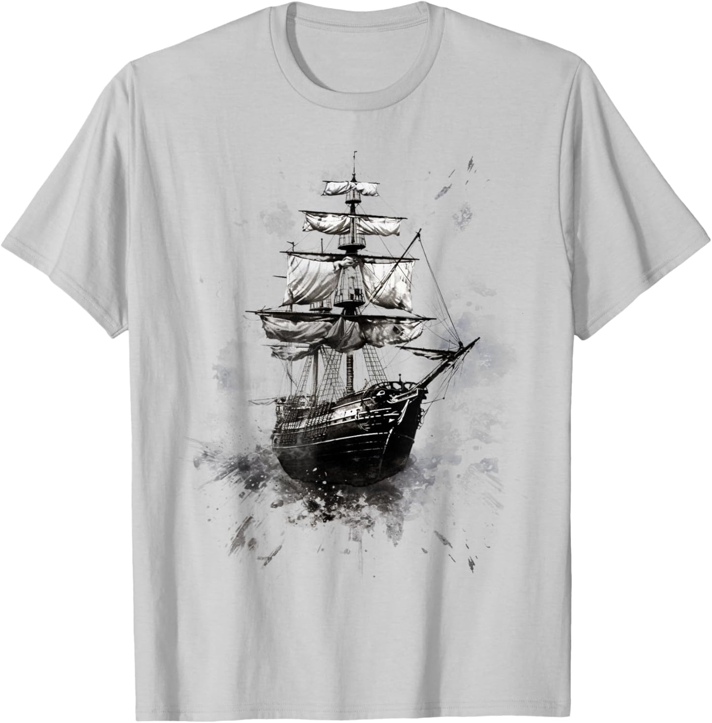Pirate Ship Sailing Grunge Hand Painted Pirate Ship T-Shirt - T-Shirt | Ash