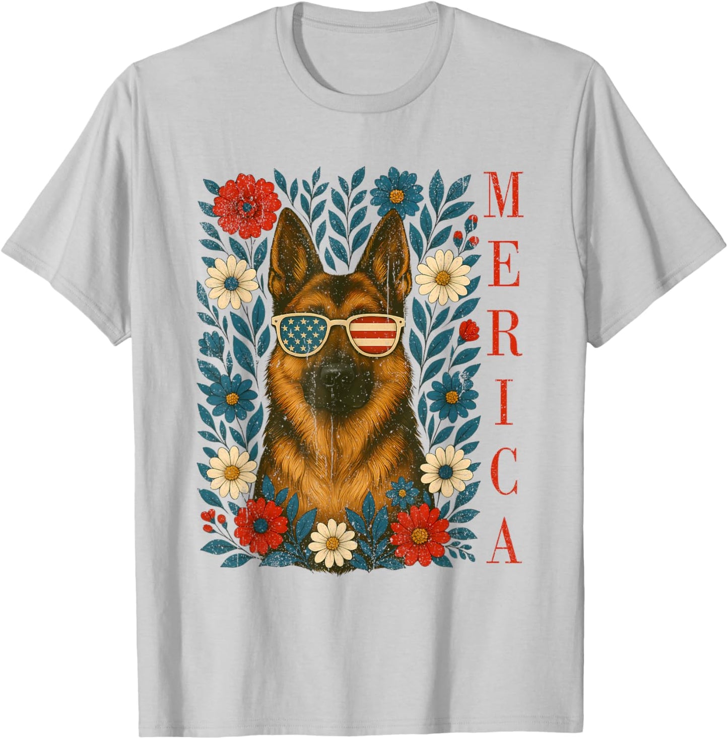 Floral Merica German Shepherd Sunglasses Patriotic USA Flag T-Shirt - T-Shirt | Ash