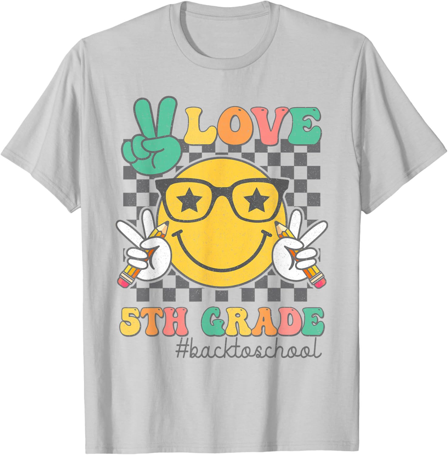 Peace Love 5th Grade Cute Smile Face Back to School Girls T-Shirt - T-Shirt | Ash