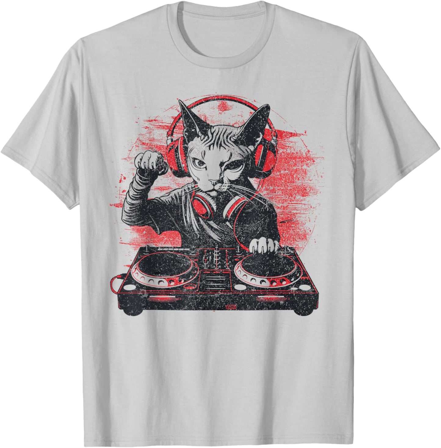 Funny Retro House DJ Sphynx Cat Disco Headphone Tech Sound T-Shirt - T-Shirt | Ash