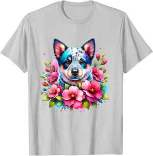 Watercolor Blue Heeler Mom Pink Flower Australian Cattle Dog T-Shirt - T-Shirt | Ash