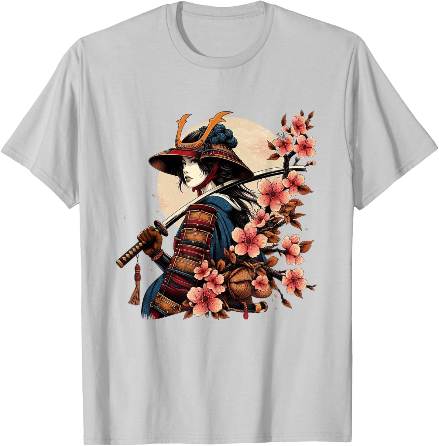 Samurai Girl Japanese Aesthetic Sakura Cherry Blossom Art T-Shirt - T-Shirt | Ash