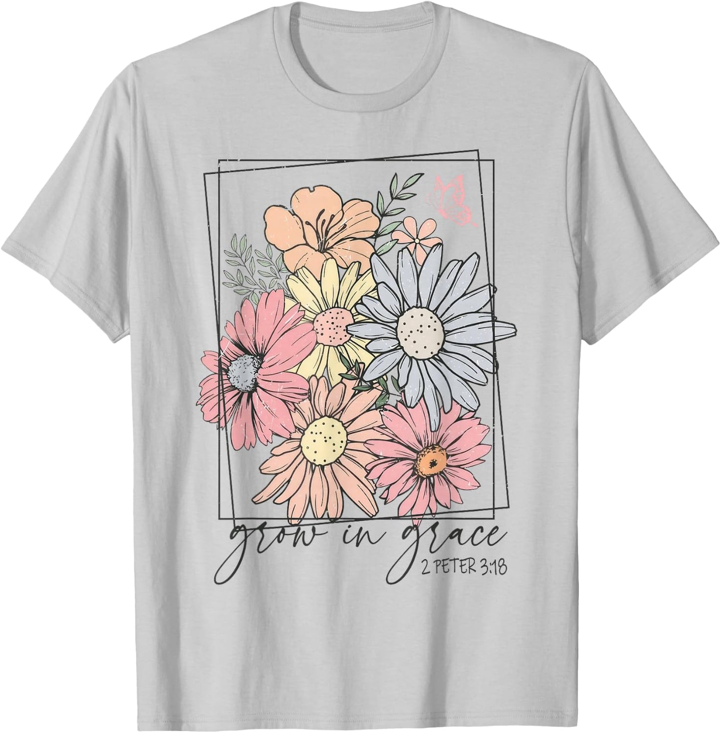 Grow In Grace Boho Wildflower Christian Bible Faith T-Shirt - T-Shirt | Ash