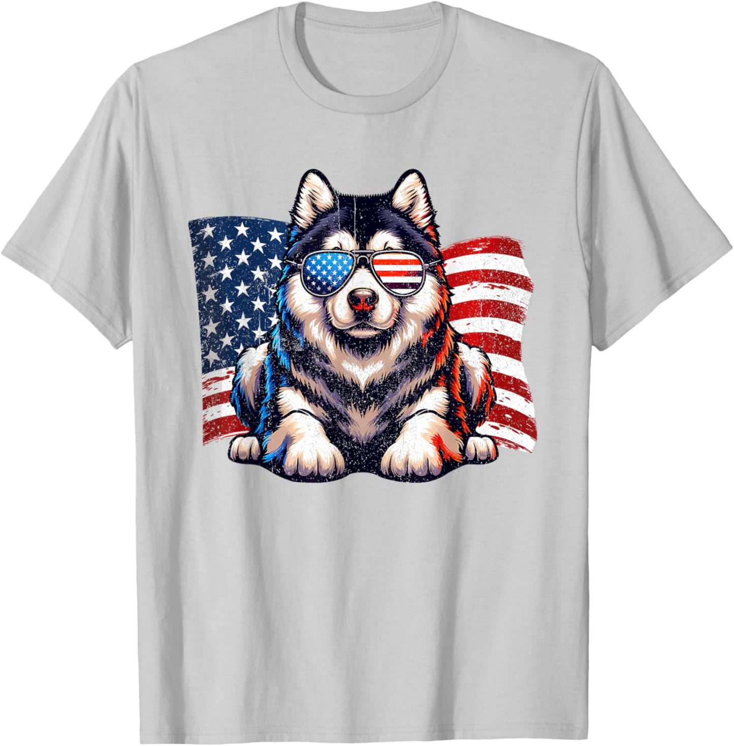 Vintage Alaskan Malamute American Flag Sunglasses Patriotic T-Shirt - T-Shirt | Ash