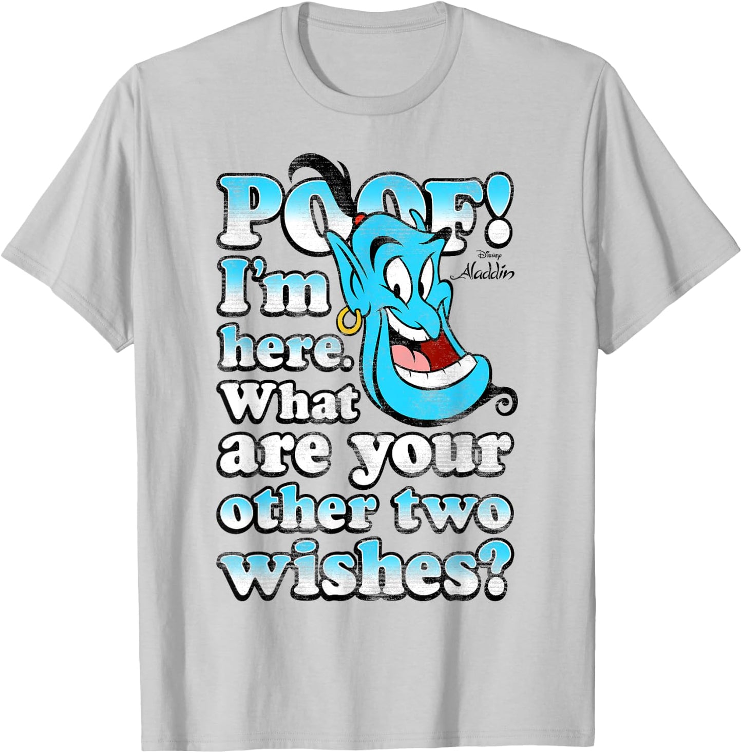 Disney Aladdin Genie Poof! 2 Wishes Gradient Text Portrait T-Shirt - T-Shirt | Ash