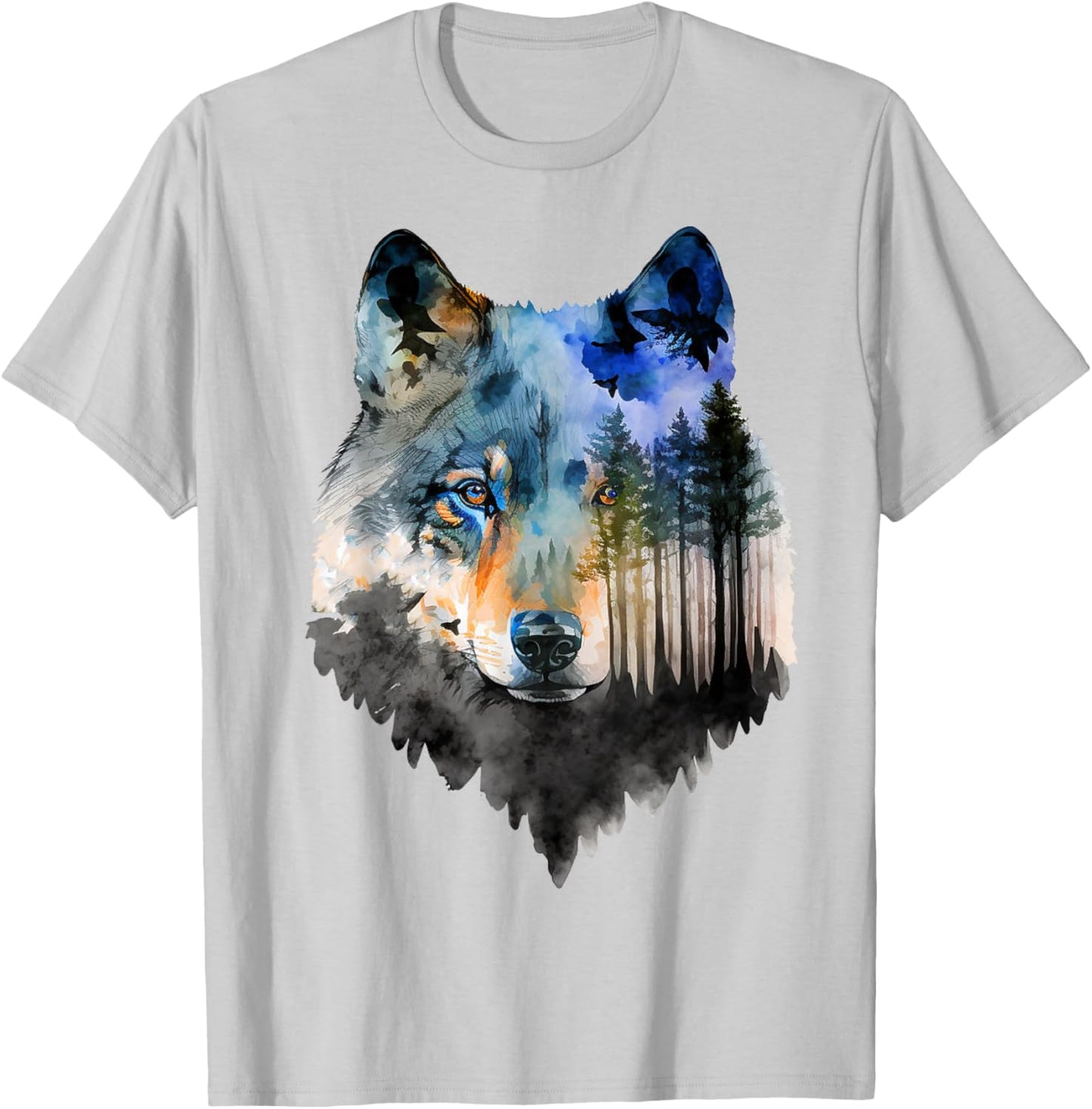 Wolf Forest Landscape Animal Face Art Animal Lover Wolf T-Shirt - T-Shirt | Ash