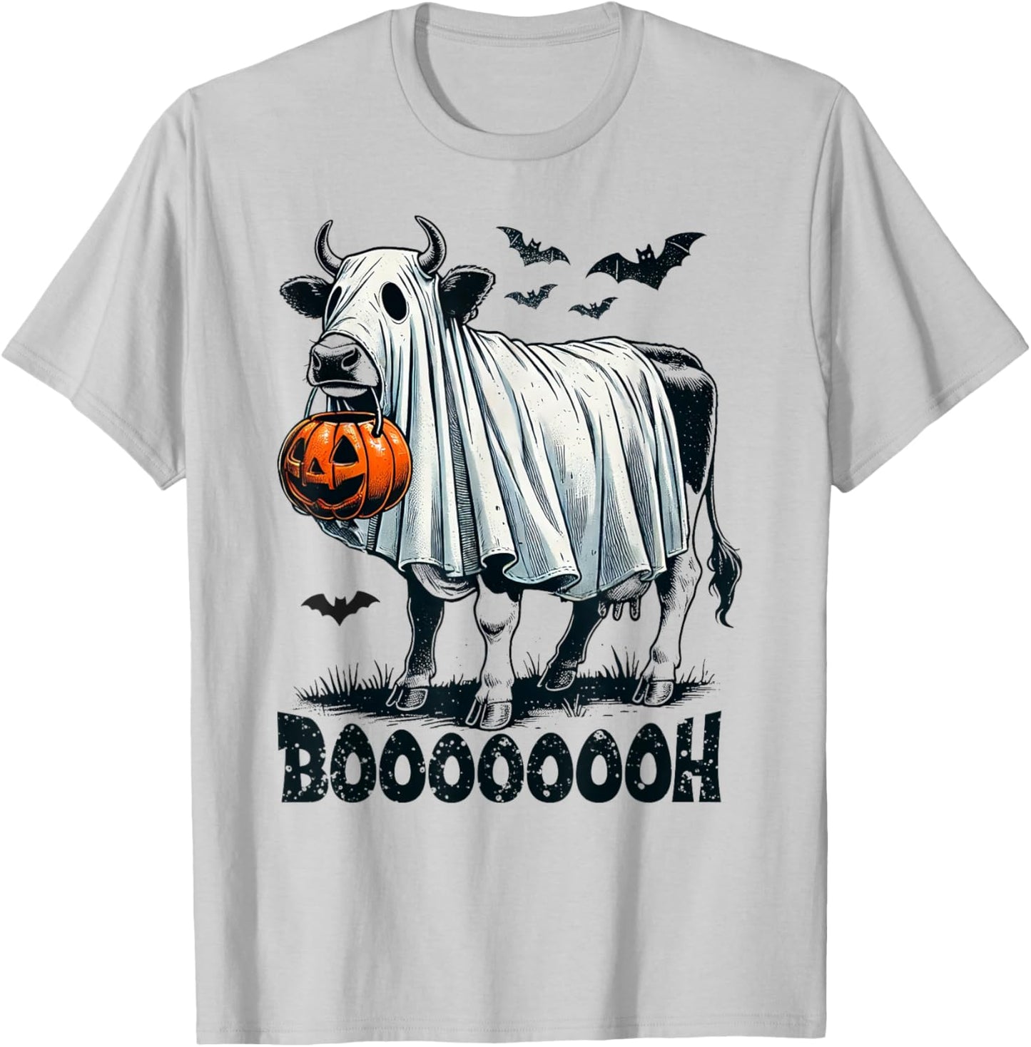 Cow Ghost Halloween Cattle Trick Or Treat Jack O Lantern Boh T-Shirt - T-Shirt | Ash