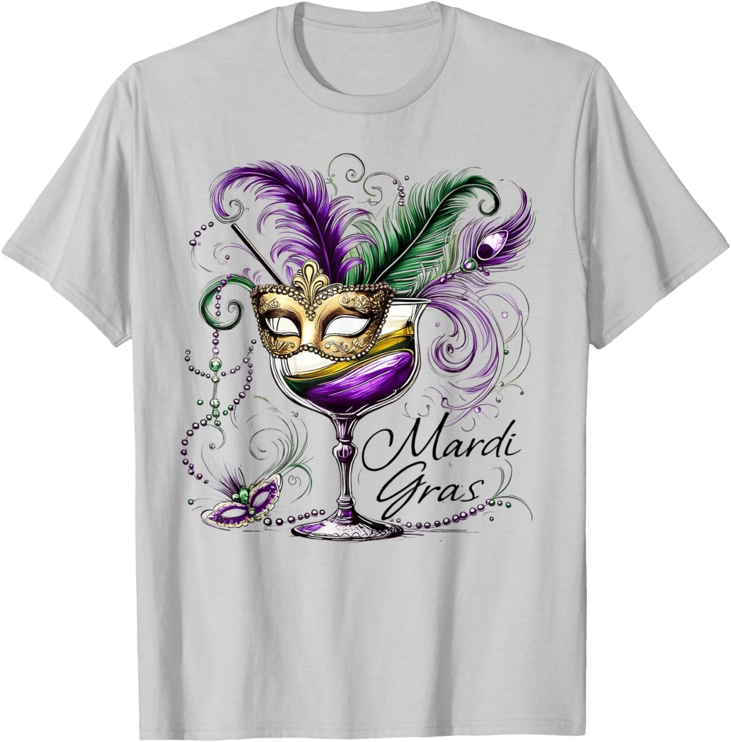 Mardi Gras Glass Of Wine Drinking Team Masked Wine Festival T-Shirt - T-Shirt | Ash