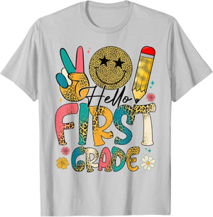Retro Hello First Grade Tie Dye Leopard Back To School Kids T-Shirt - T-Shirt | Ash