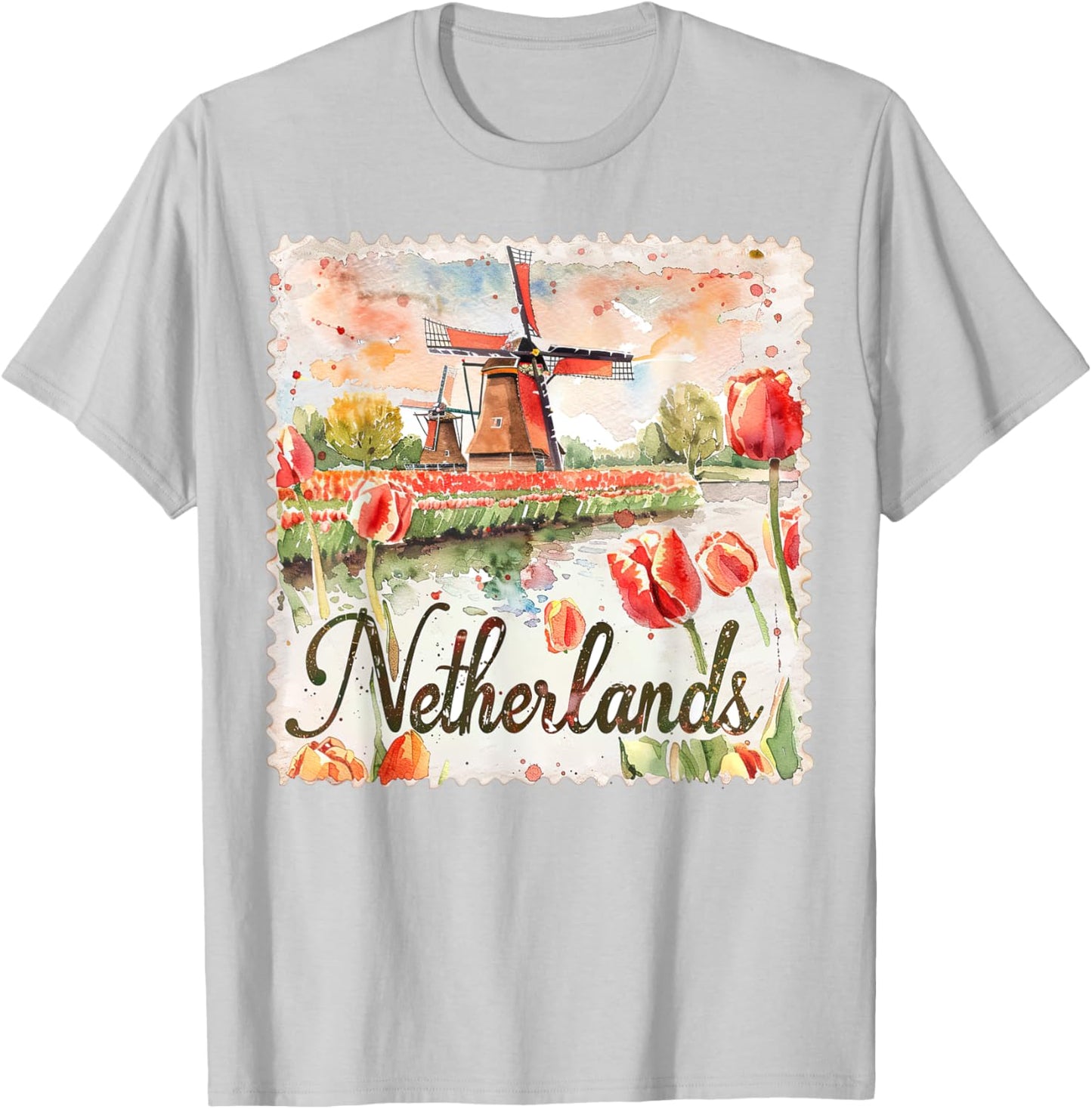 Netherlands Watercolor Windmill Tulips Travel Souvenir T-Shirt - T-Shirt | Ash