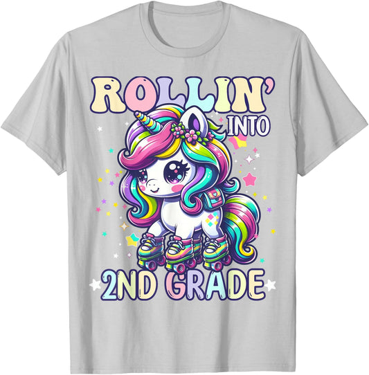 2nd Grade Back To School First Day Girl Rollin Unicorn T-Shirt - T-Shirt | Ash
