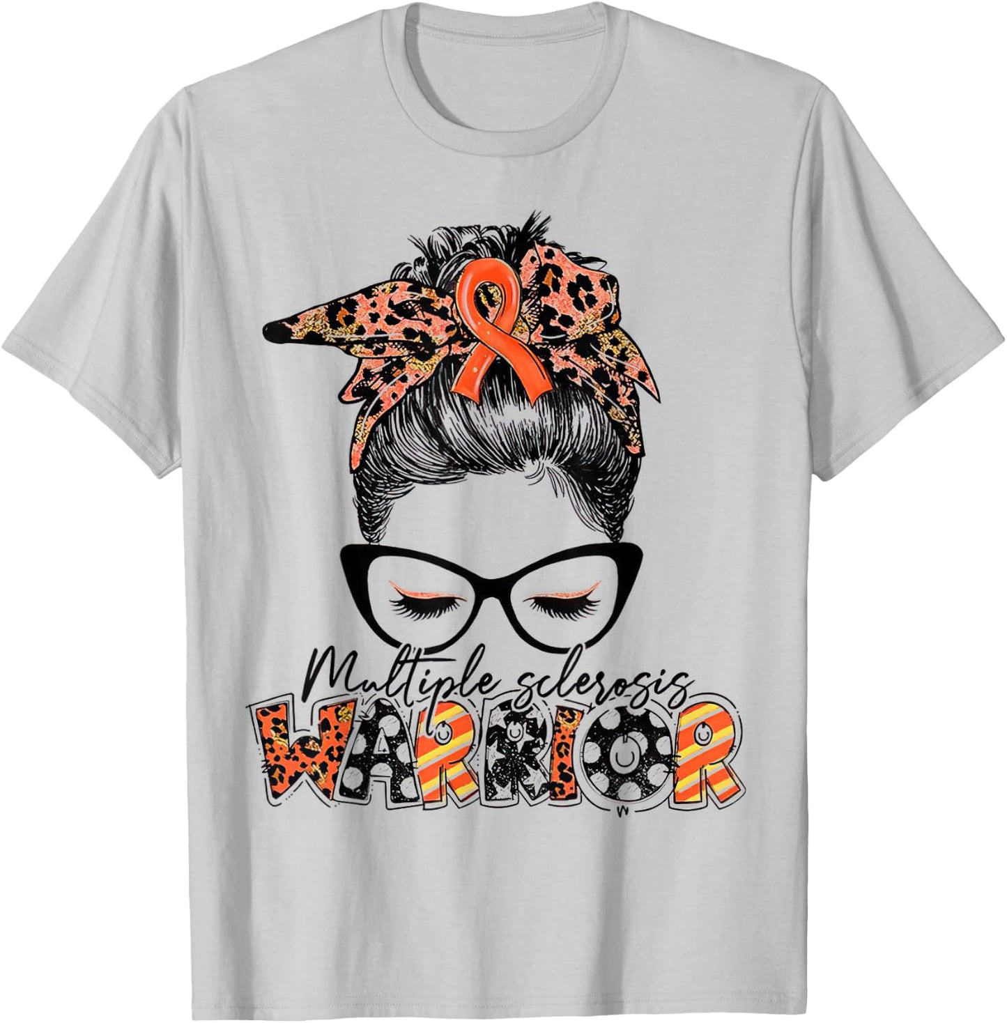 Messy Bun Leopard Multiple Sclerosis Awareness Mom T-Shirt - T-Shirt | Ash