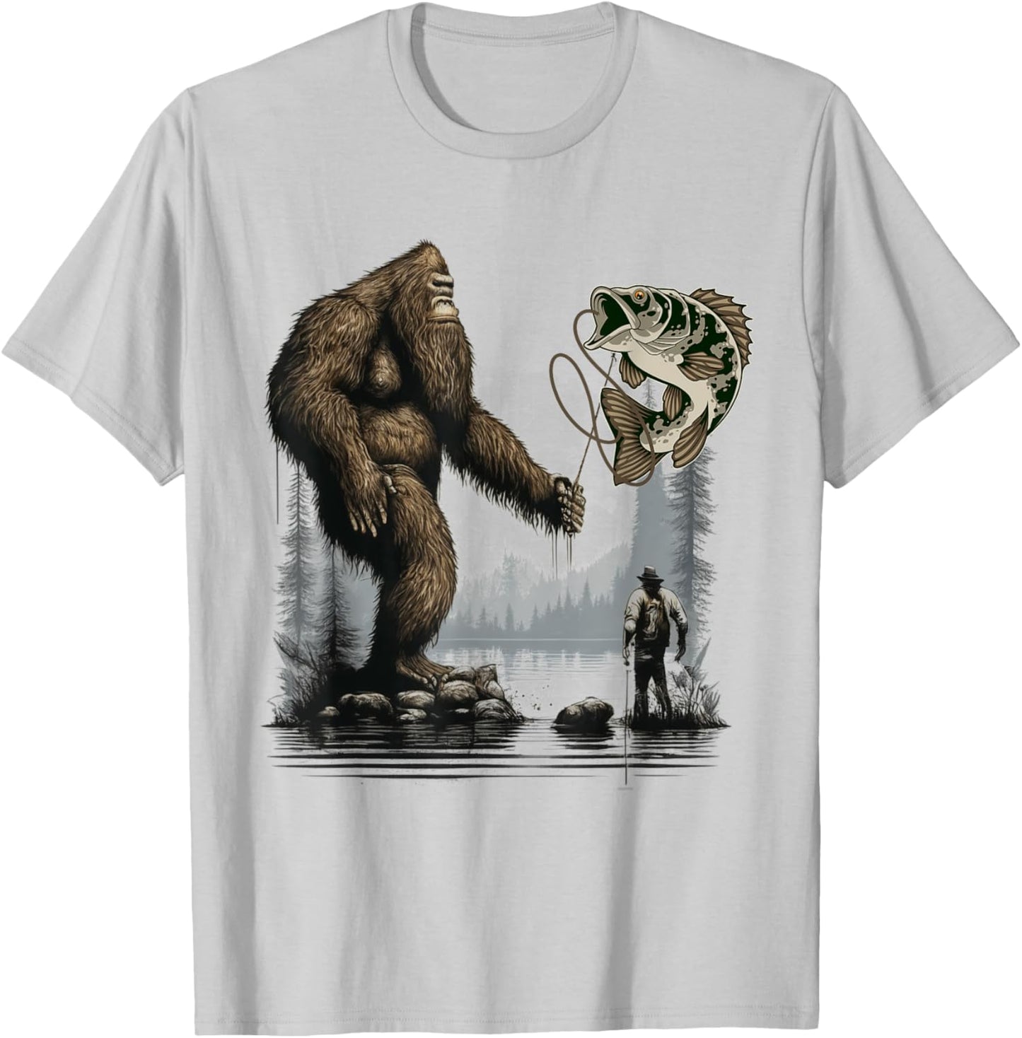 Bigfoot Fishing Funny Sasquatch Fish T-Shirt - T-Shirt | Ash