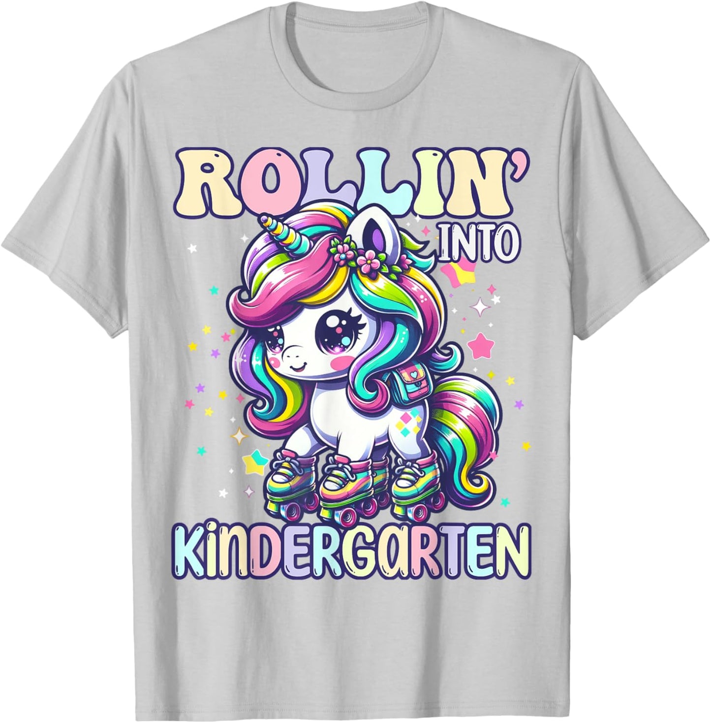 Kindergarten Back To School First Day Girls Rollin Unicorn T-Shirt - T-Shirt | Ash