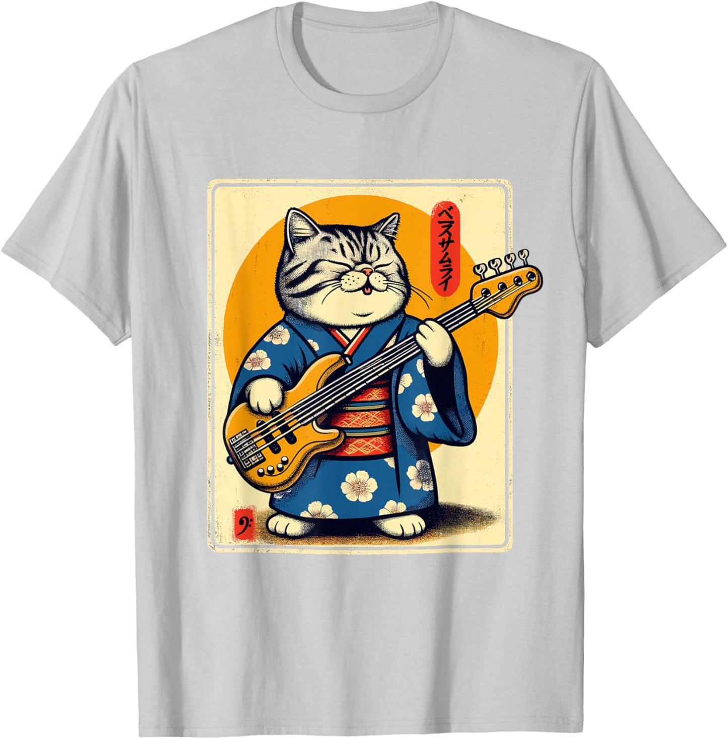Japanese Samurai Cat Playing Bass T-Shirt - T-Shirt | Ash