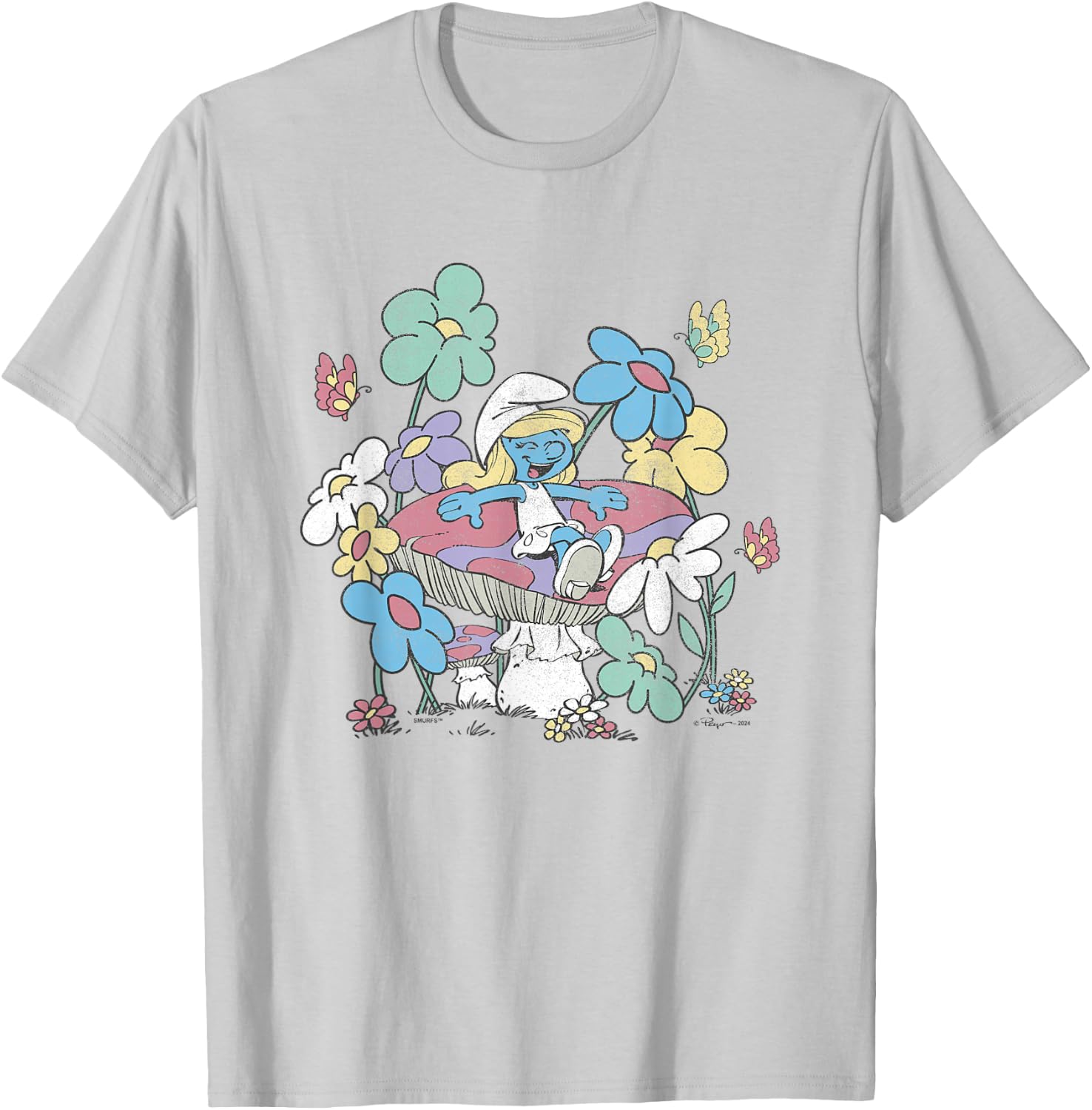 The Smurfs Smurfette Having Fun In Nature Distressed T-Shirt - T-Shirt | Ash