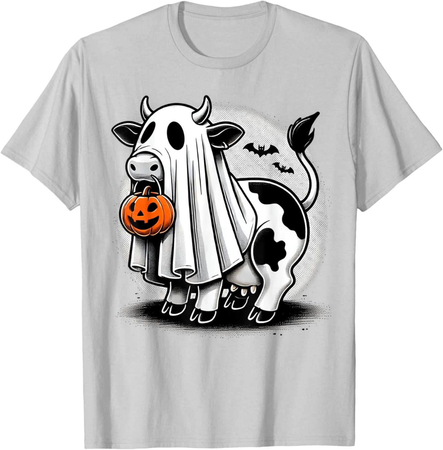 Awesome Moo Halloween Cow Wearing Ghost Costume With Pumpkin T-Shirt - T-Shirt | Ash