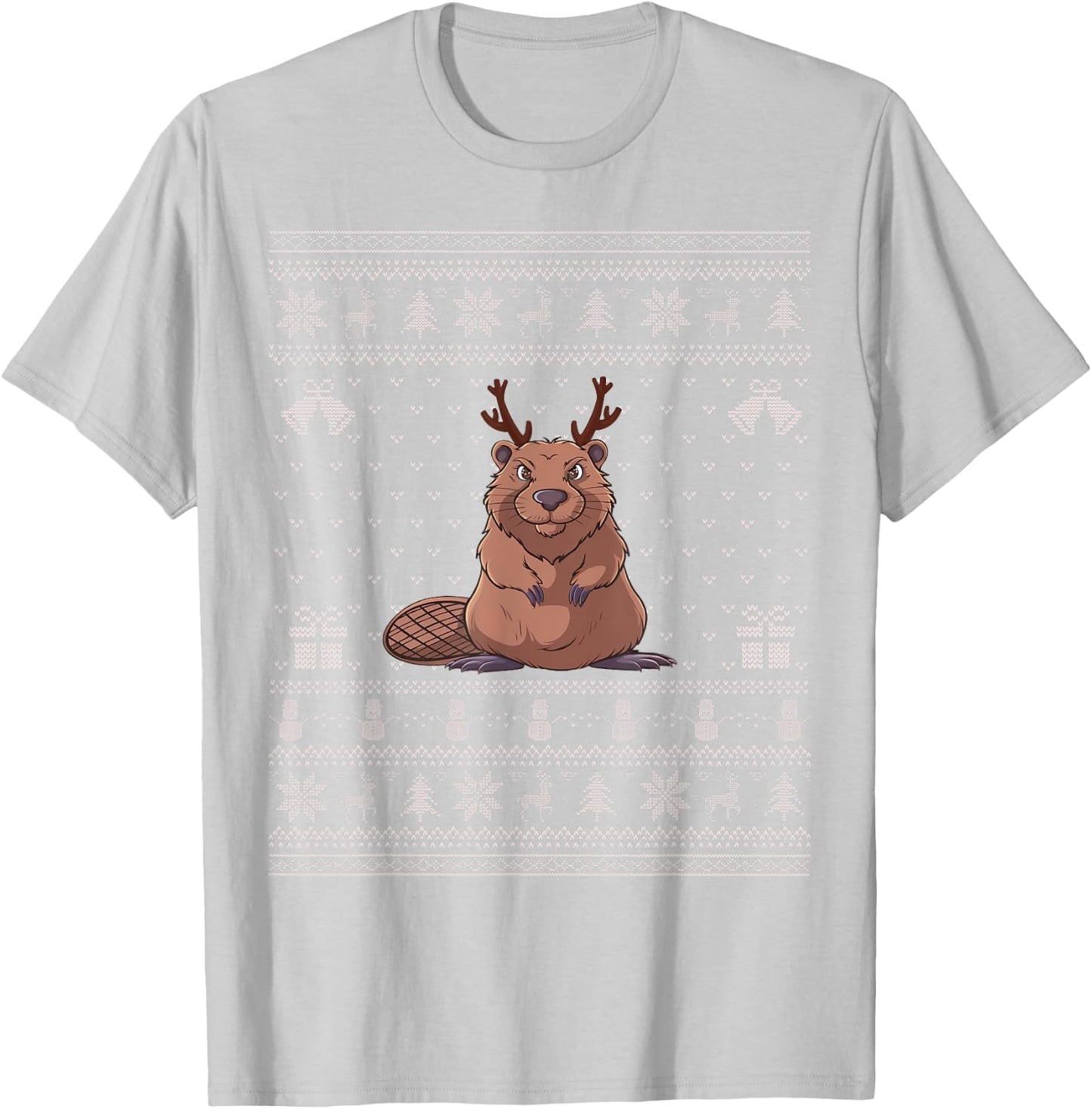 Ugly Xmas Sweater Style Beaver Reindeer Christmas T-Shirt - T-Shirt | Ash