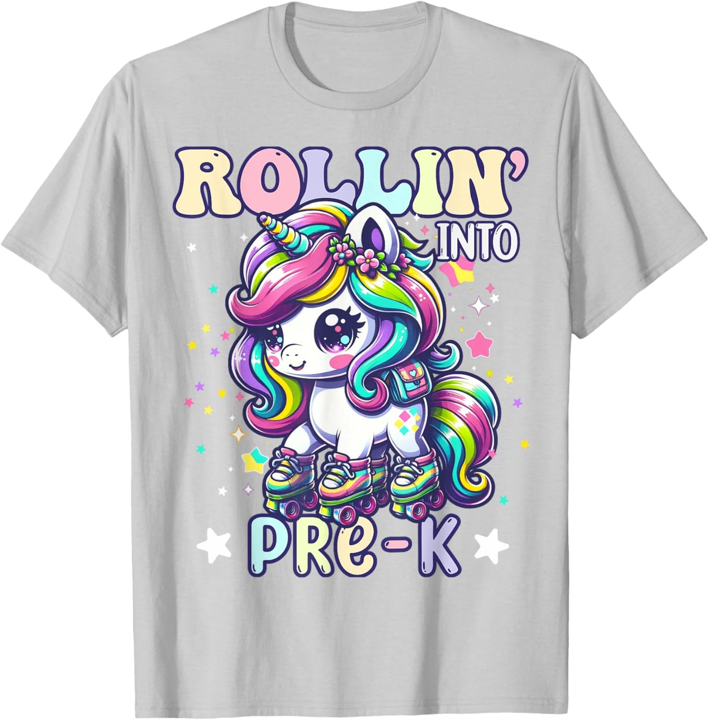 Pre-K Back To School First Day Girl Preschool Rollin Unicorn T-Shirt - T-Shirt | Ash