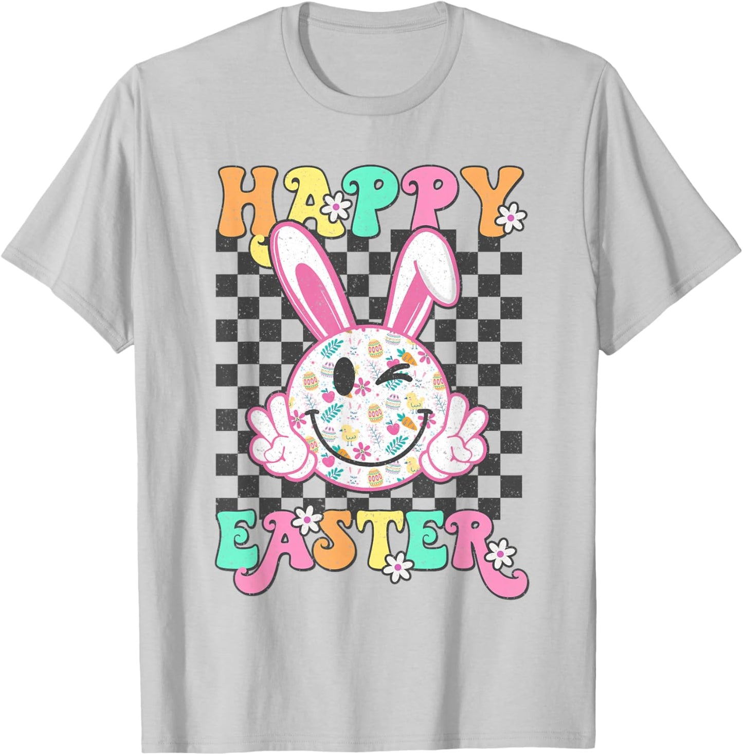 Retro Groovy Happy Easter Bunny Checkered Smile Girls T-Shirt - T-Shirt | Ash