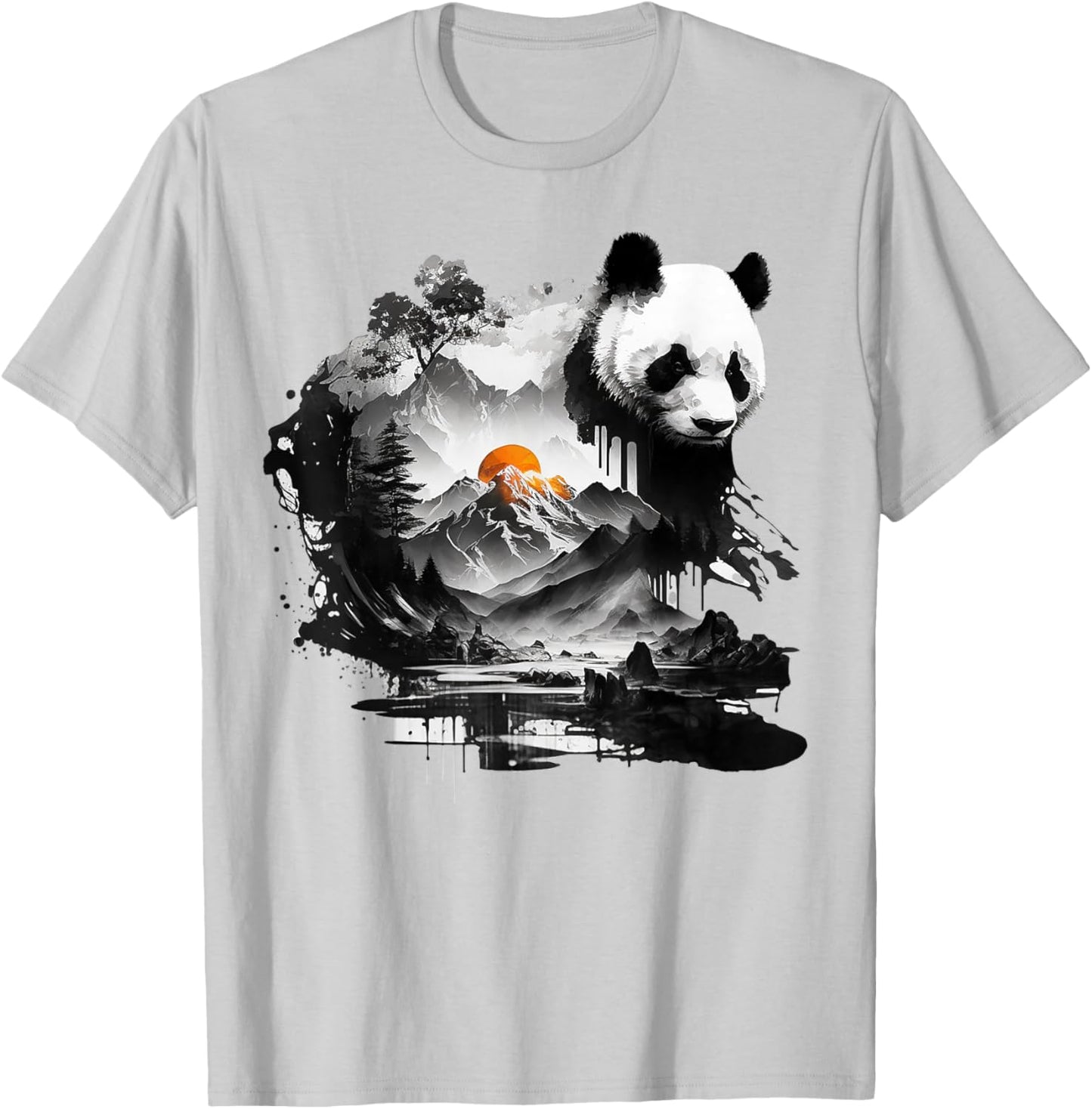 Panda Landscape Sun Animal Print Art Panda T-Shirt - T-Shirt | Ash