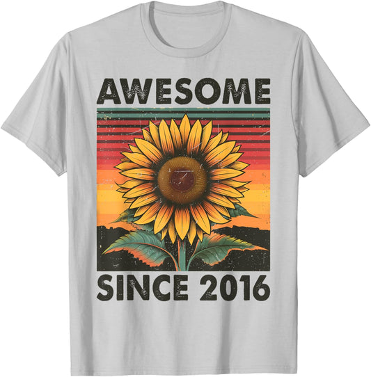8 Years Old Gift Awesome Since 2016 Sunflower 8th Birthday T-Shirt - T-Shirt | Ash