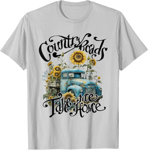 Country Roads Sunflowers Truck Country Take Me Home T-Shirt - T-Shirt | Ash