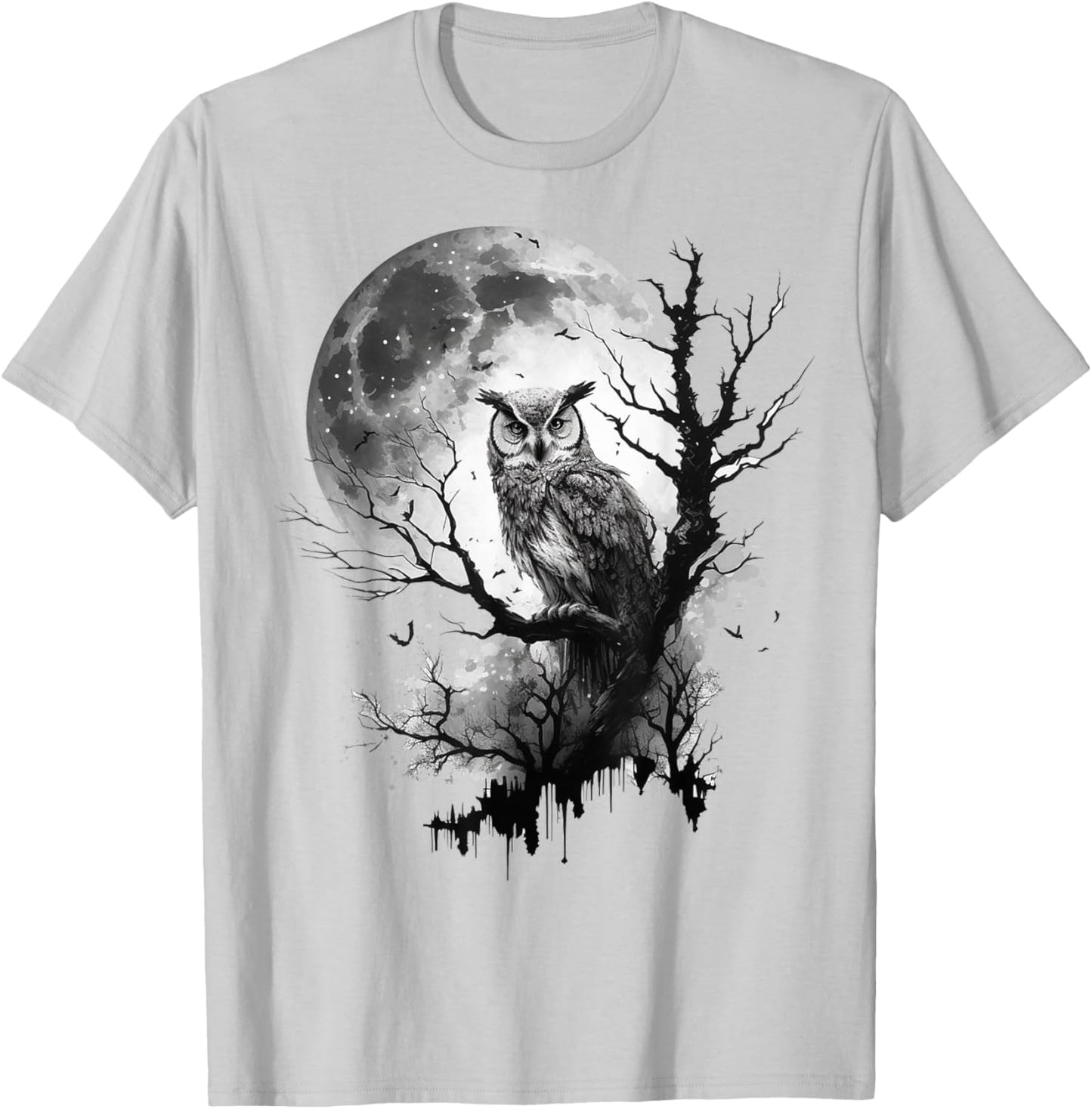 Owl Moon Tree Animal Print Art Animal Lover Owl T-Shirt - T-Shirt | Ash