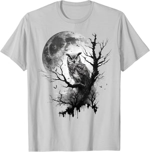 Owl Moon Tree Animal Print Art Animal Lover Owl T-Shirt - T-Shirt | Ash