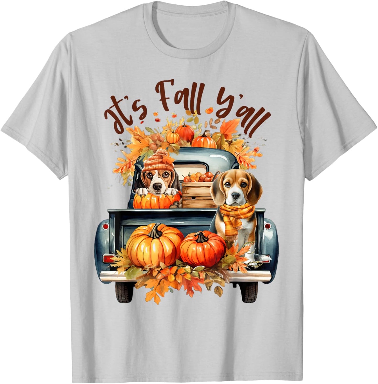It’s Fall Y’all Beagle Dogs Pumpkins Truck Autumn Season T-Shirt - T-Shirt | Ash
