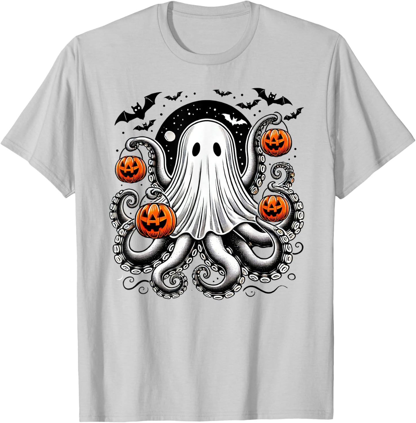 Spooky Tentacled Ghost Octopus - Halloween Kraken Pumpkins T-Shirt - T-Shirt | Ash