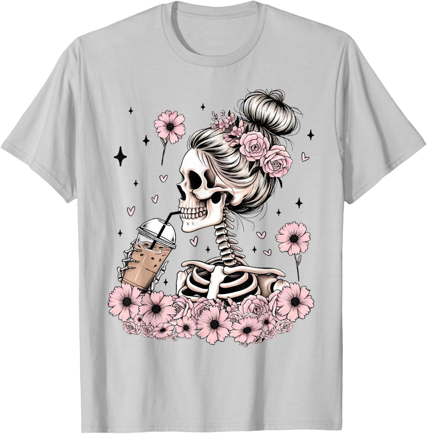 Skeleton Messy Bun Funny Costume Mom Women Halloween T-Shirt - T-Shirt | Ash
