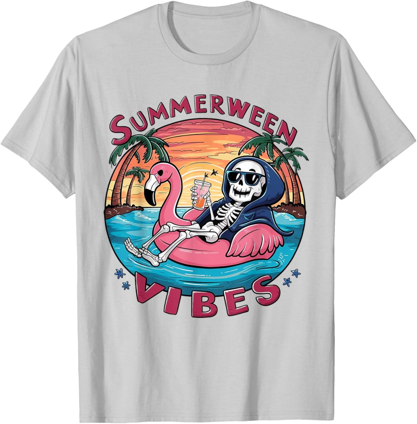 Summerween Vibes Halloween Summer Fun Flamingo Skeleton T-Shirt - T-Shirt | Ash