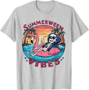 Summerween Vibes Halloween Summer Fun Flamingo Skeleton T-Shirt - T-Shirt | Ash