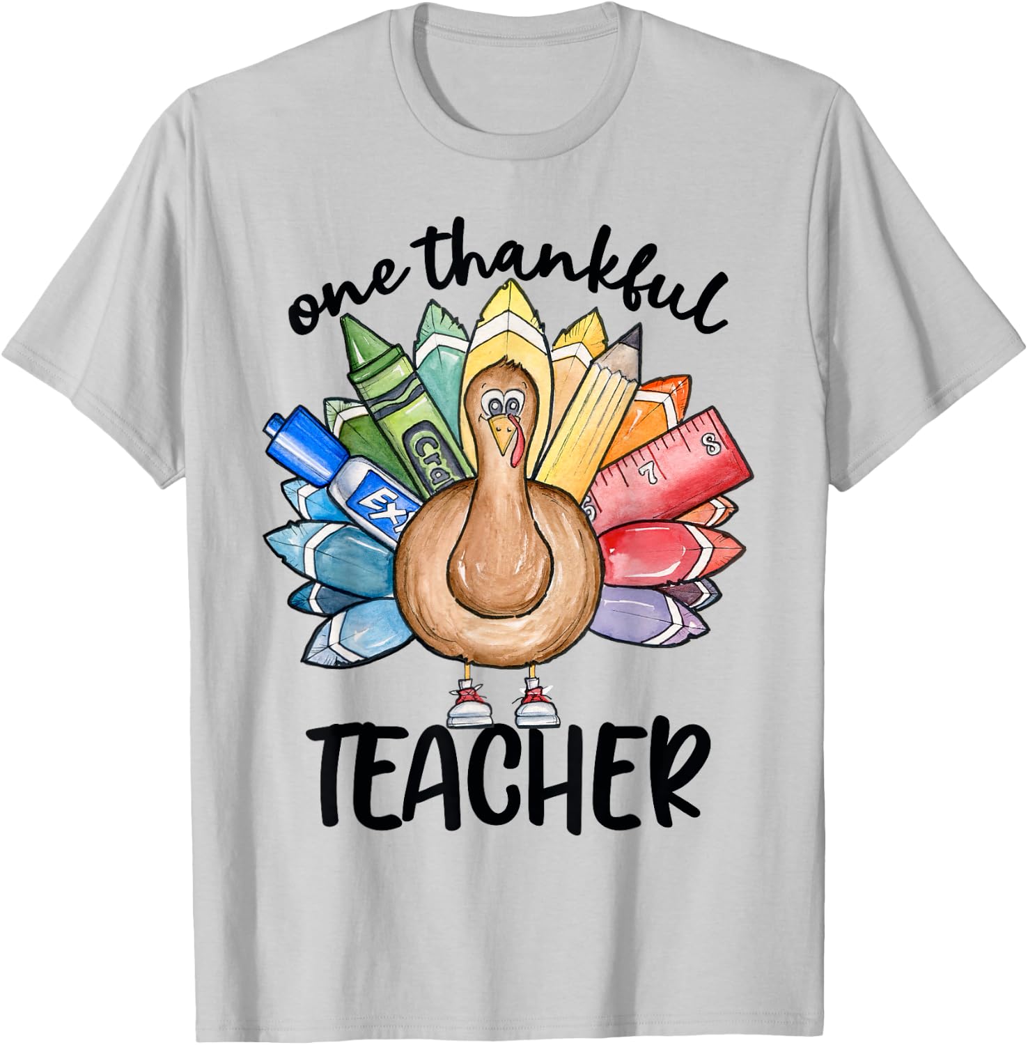 One Thankful Teacher Thanksgiving Turkey, Cute Crayon Pencil Women T-Shirt - T-Shirt | Ash