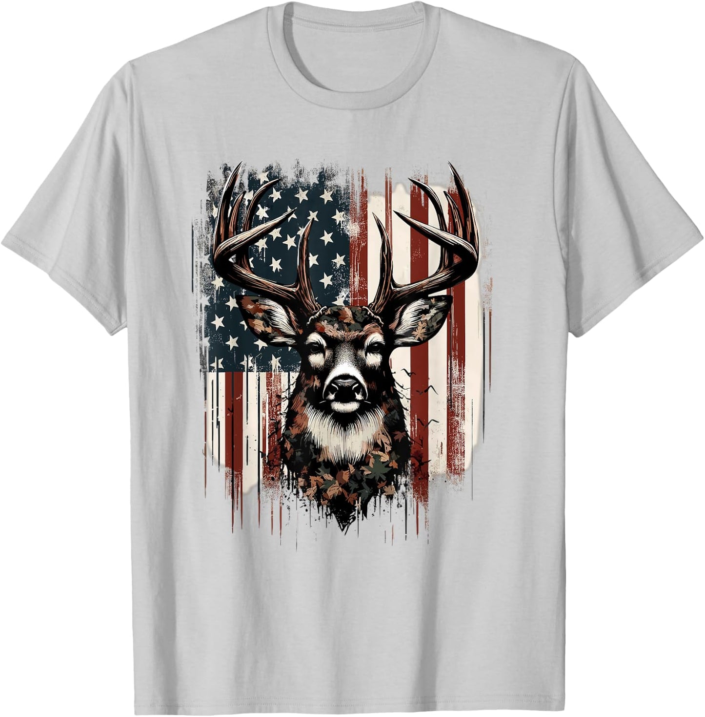 Deer Hunting American Flag Whitetail Buck Antlers T-Shirt - T-Shirt | Ash