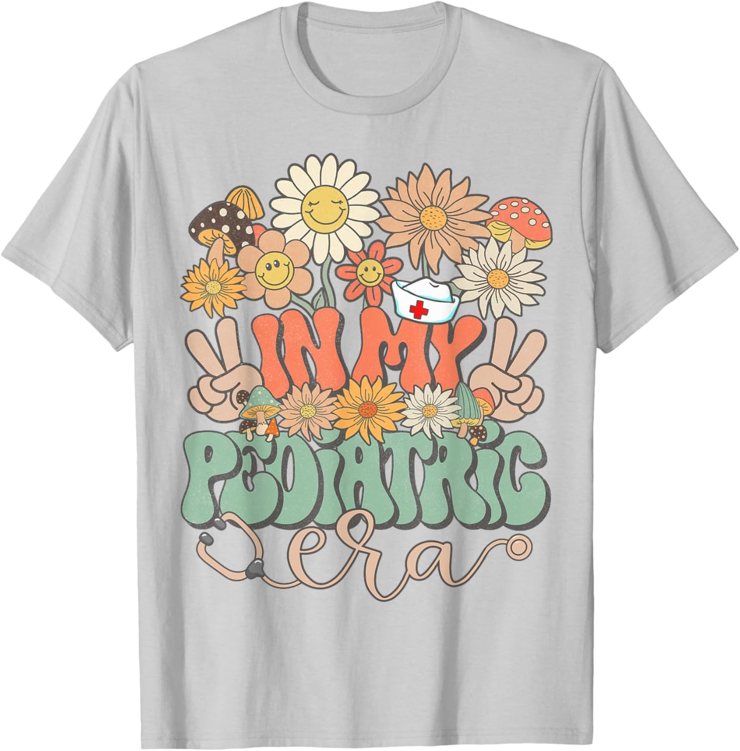 Matching Nurse In My Pediatric Era Floral Hippie Groovy T-Shirt - T-Shirt | Ash