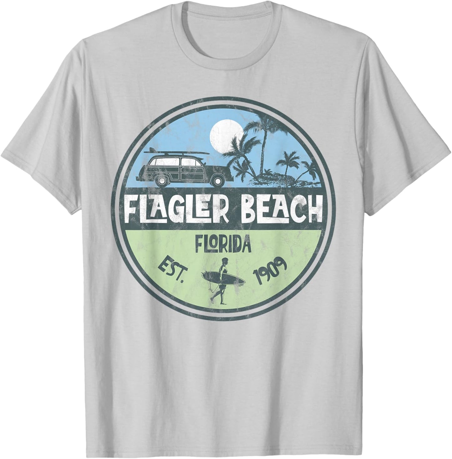 Flagler Beach Florida Wagon Beach Palms Surfer Vintage Women Kids T-Shirt - T-Shirt | Ash