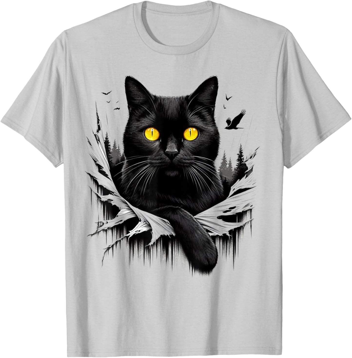 Black Cat Torn Cloth - Black Cat Yellow Eyes T-Shirt - T-Shirt | Ash